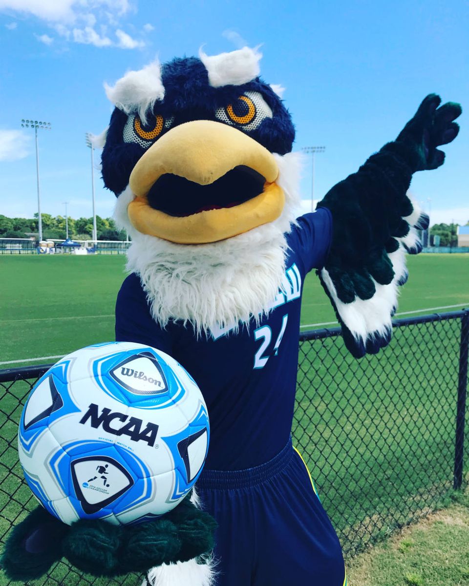 Mascot holding soccer ball